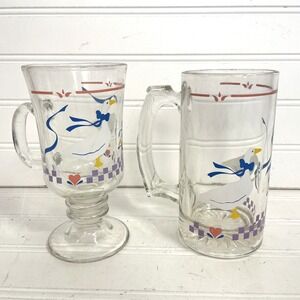 2 VTG Country Geese Stein Mug Clear & Irish Coffee Pedestal Glass Blue Ribbon 80